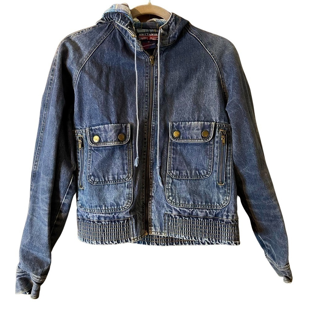 Vintage Brittana Women’s Cropped Zip Jean Jacket Plaid Lined Made in Hong Kong M